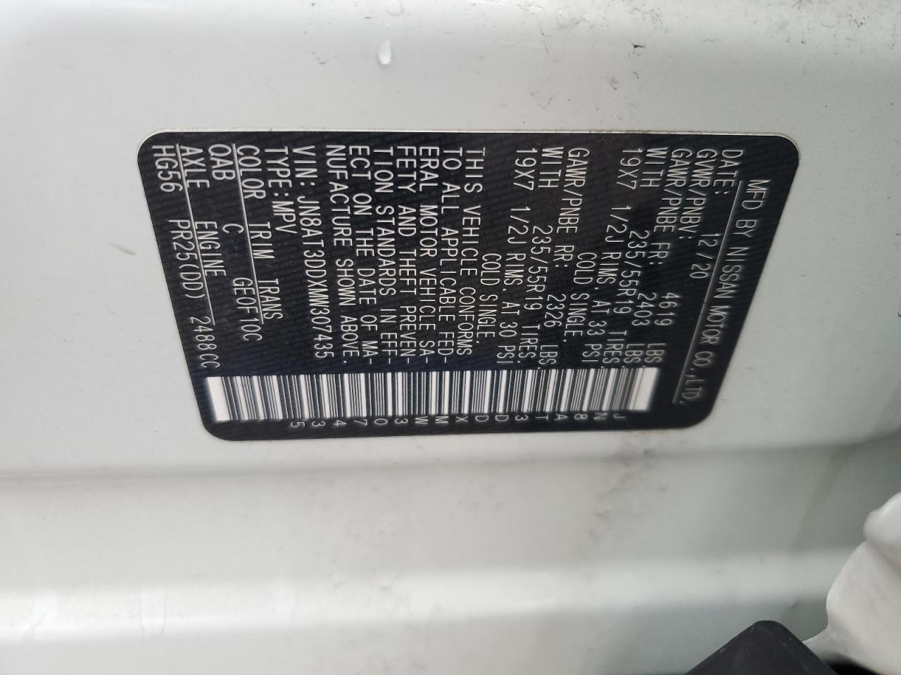 2021 Nissan Rogue VIN JN8AT3DDXMW307435 Copart auction photo, front end / rear end damage thumbnail 13