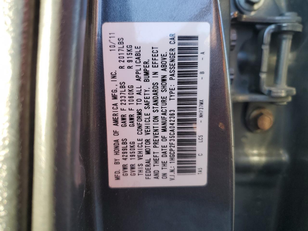 2012 Honda Accord VIN 1HGCP2F35CA042363 Copart auction photo, front end / minor dent/scratches damage thumbnail 12
