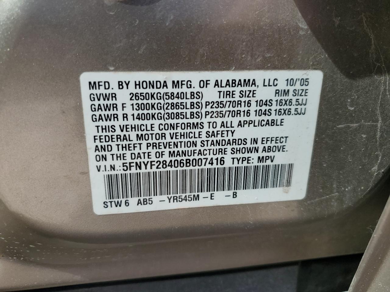 2006 Honda Pilot VIN 5FNYF28406B007416 Copart auction photo, side damage thumbnail 13