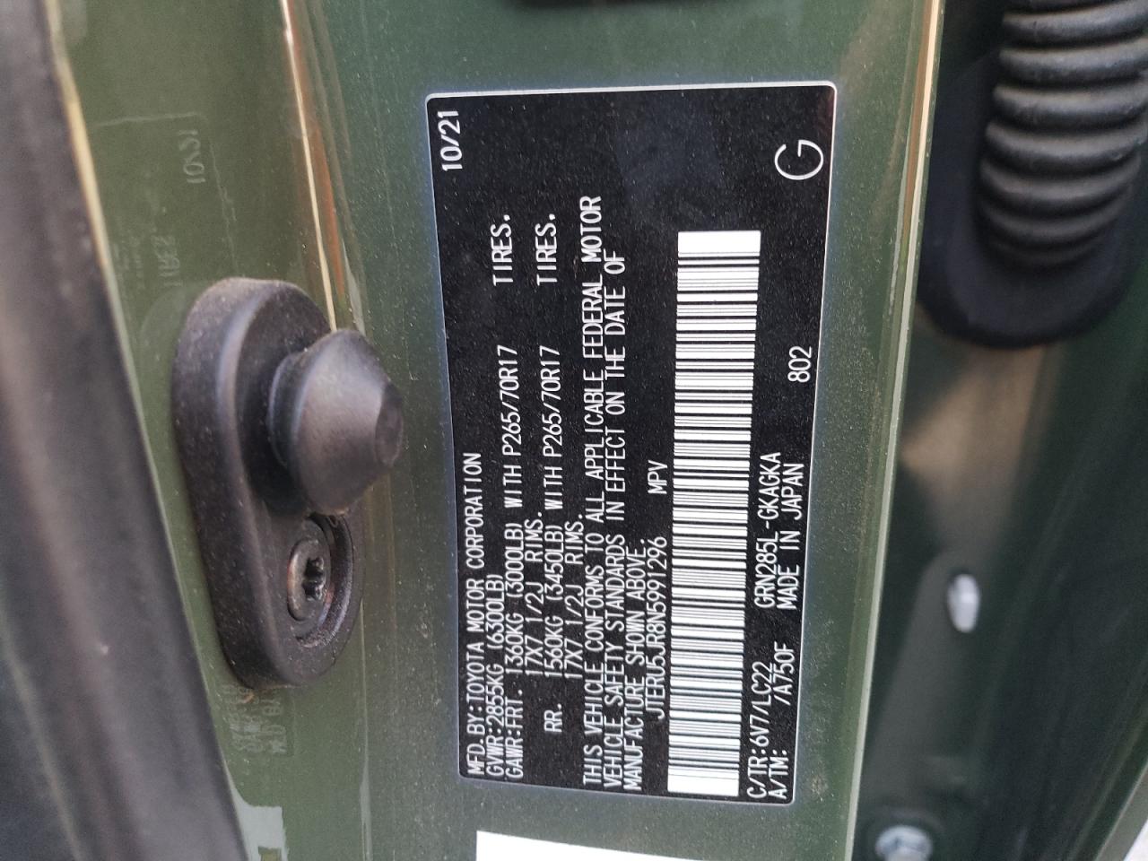 2022 Toyota 4Runner VIN JTERU5JR8N5991296 Copart auction photo, rear end / side damage thumbnail 14