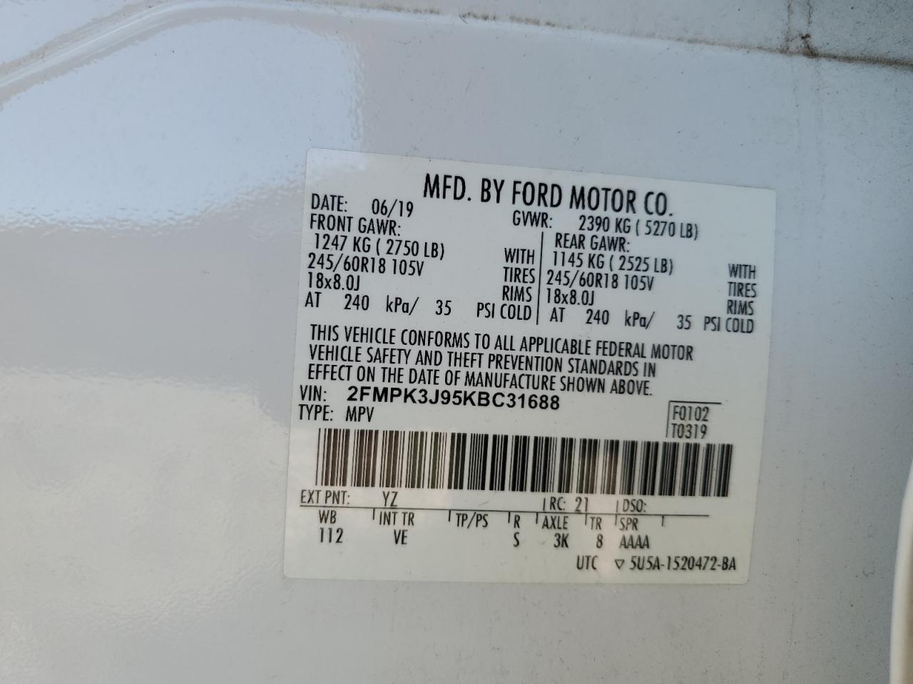 2019 Ford Edge VIN 2FMPK3J95KBC31688 Copart auction photo, front end / minor dent/scratches damage thumbnail 13