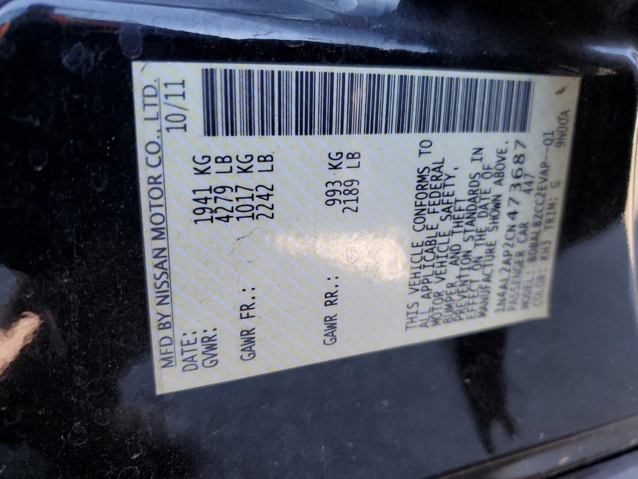 2012 Nissan Altima VIN 1N4AL2AP2CN473687 Copart auction photo, rear end damage thumbnail 14