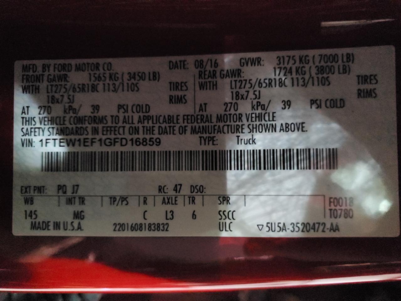 2016 Ford F-150 VIN 1FTEW1EF1GFD16859 Copart auction photo, front end damage thumbnail 12