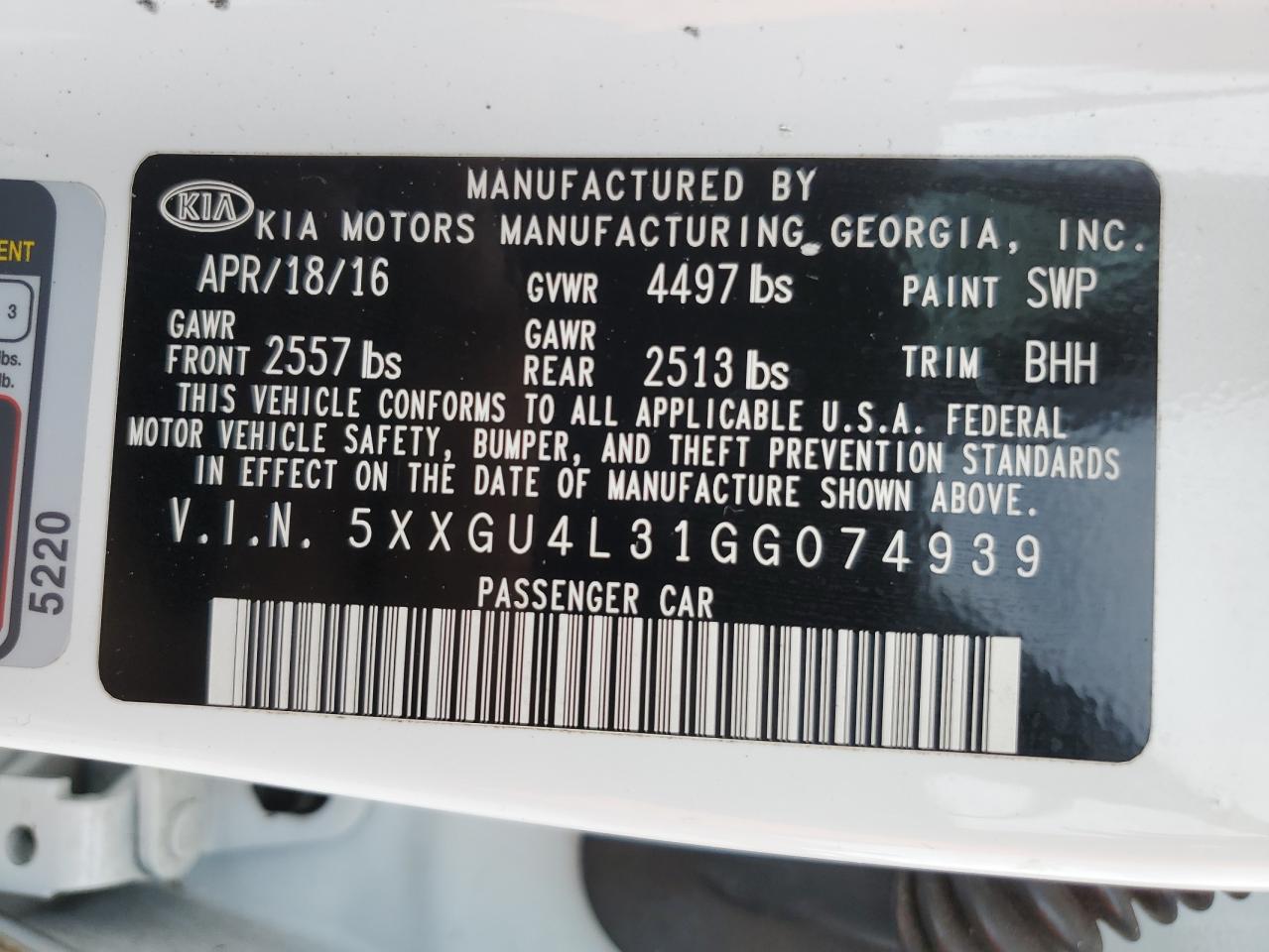 2016 KIA Optima VIN 5XXGU4L31GG074939 Copart auction photo, all over damage thumbnail 13