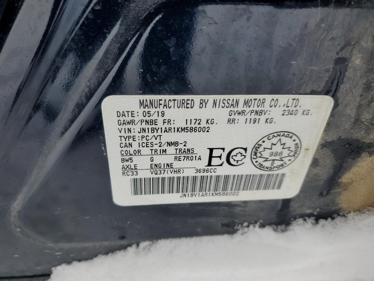 2019 Infiniti Q70 VIN JN1BY1AR1KM586002 Copart auction photo, front end damage thumbnail 12