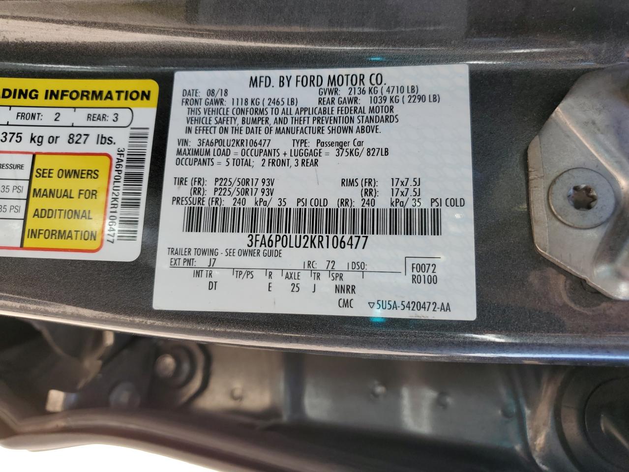 2019 Ford Fusion VIN 3FA6P0LU2KR106477 Copart auction photo, mechanical damage thumbnail 12
