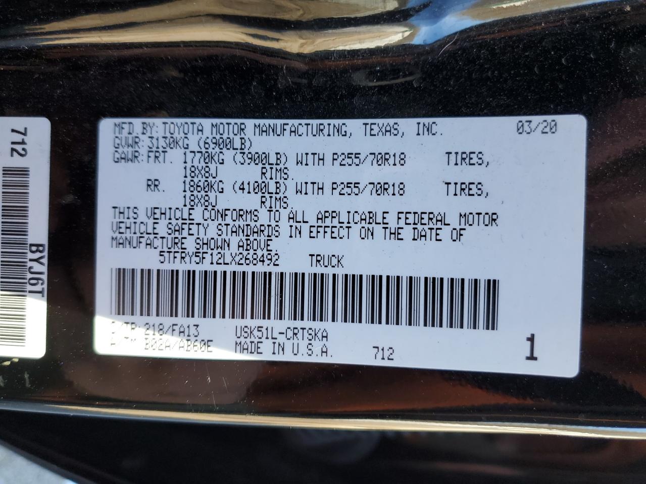 2020 Toyota Tundra VIN 5TFRY5F12LX268492 Copart auction photo, front end damage thumbnail 14