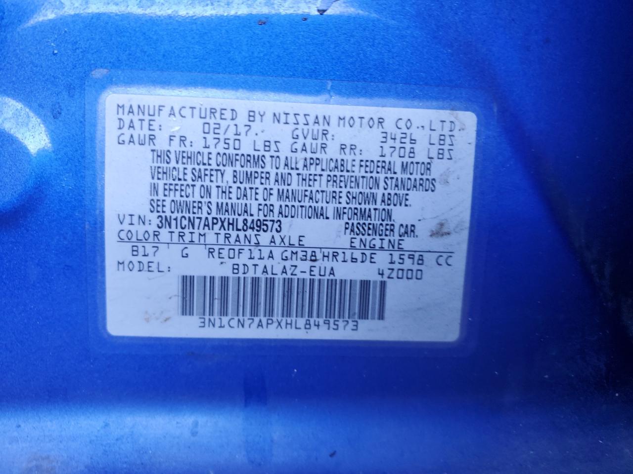 2017 Nissan Versa VIN 3N1CN7APXHL849573 Copart auction photo, side / rear end damage thumbnail 12