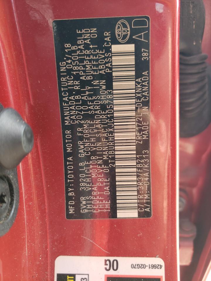 2018 Toyota Corolla VIN 2T1BURHEXJC105783 Copart auction photo, side damage thumbnail 12