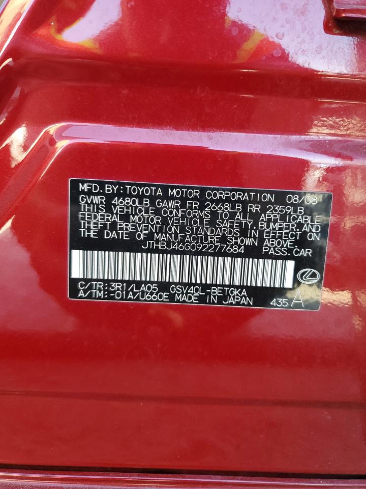 2009 Lexus ES VIN JTHBJ46G092277684 Copart auction photo, front end damage thumbnail 14
