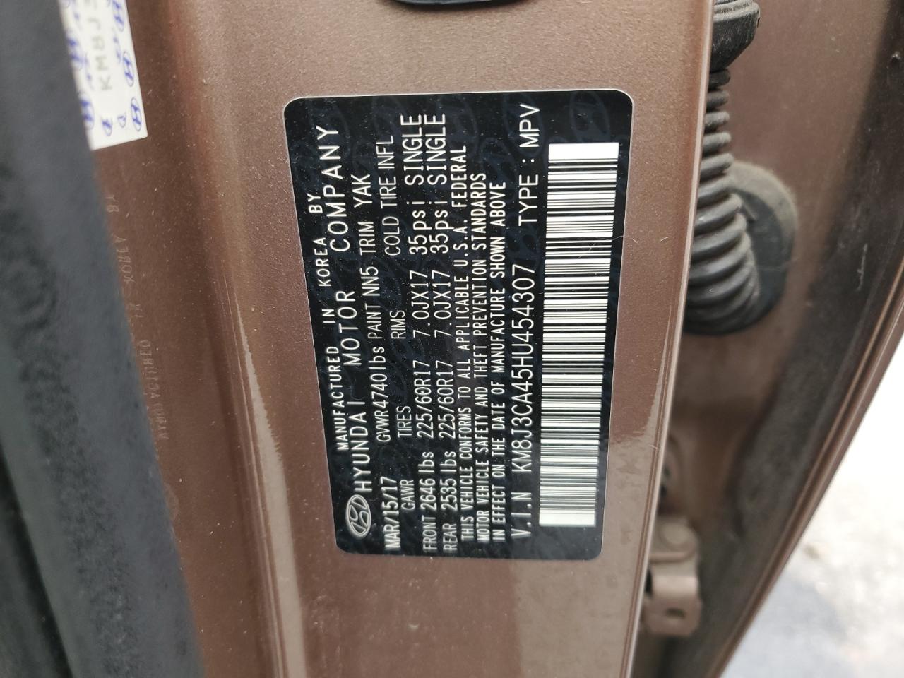 2017 Hyundai Tucson VIN KM8J3CA45HU454307 Copart auction photo, front end / side damage thumbnail 16