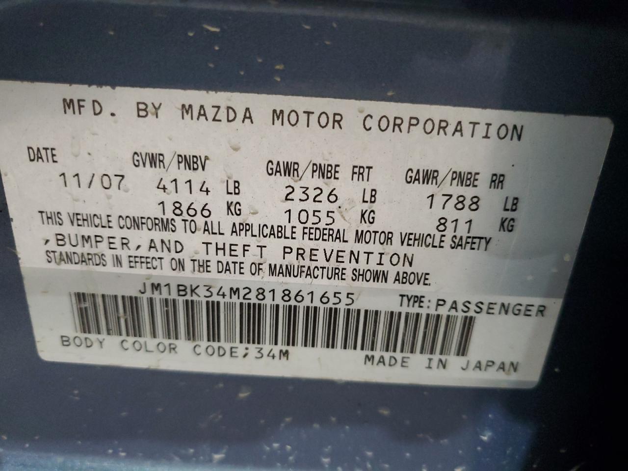 2008 Mazda 3 VIN JM1BK34M281861655 Copart auction photo, side / front end damage thumbnail 12