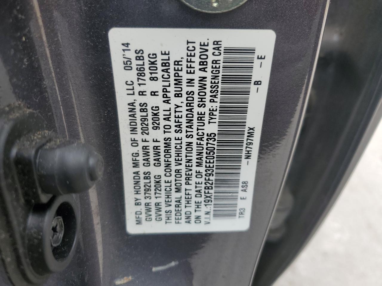 2014 Honda Civic VIN 19XFB2F93EE050735 Copart auction photo, front end / side damage thumbnail 14