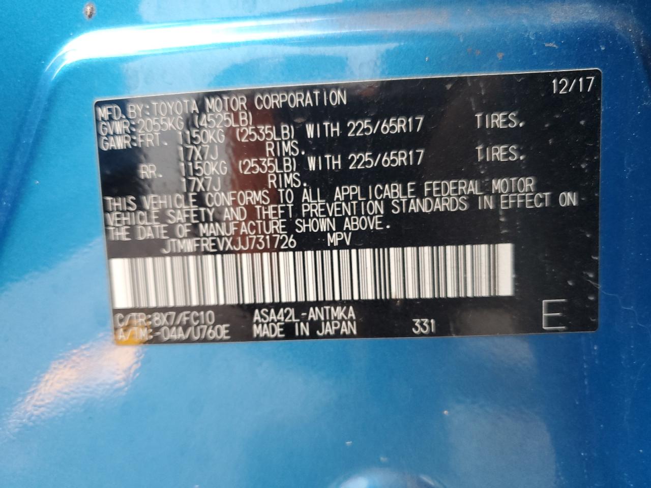 2018 Toyota RAV 4 VIN JTMWFREVXJJ731726 Copart auction photo, normal wear damage thumbnail 13