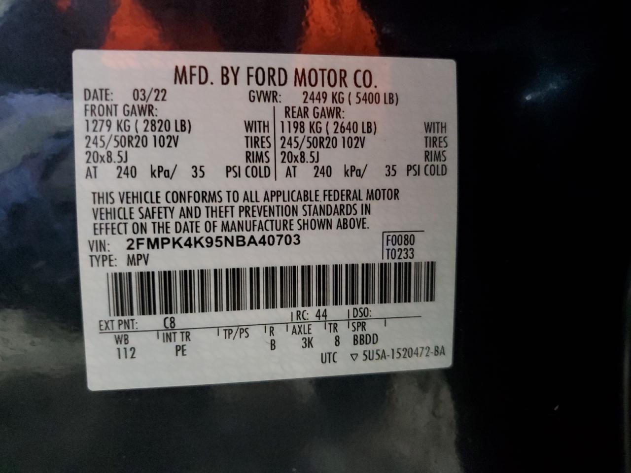 2022 Ford Edge VIN 2FMPK4K95NBA40703 Copart auction photo, front end damage thumbnail 16