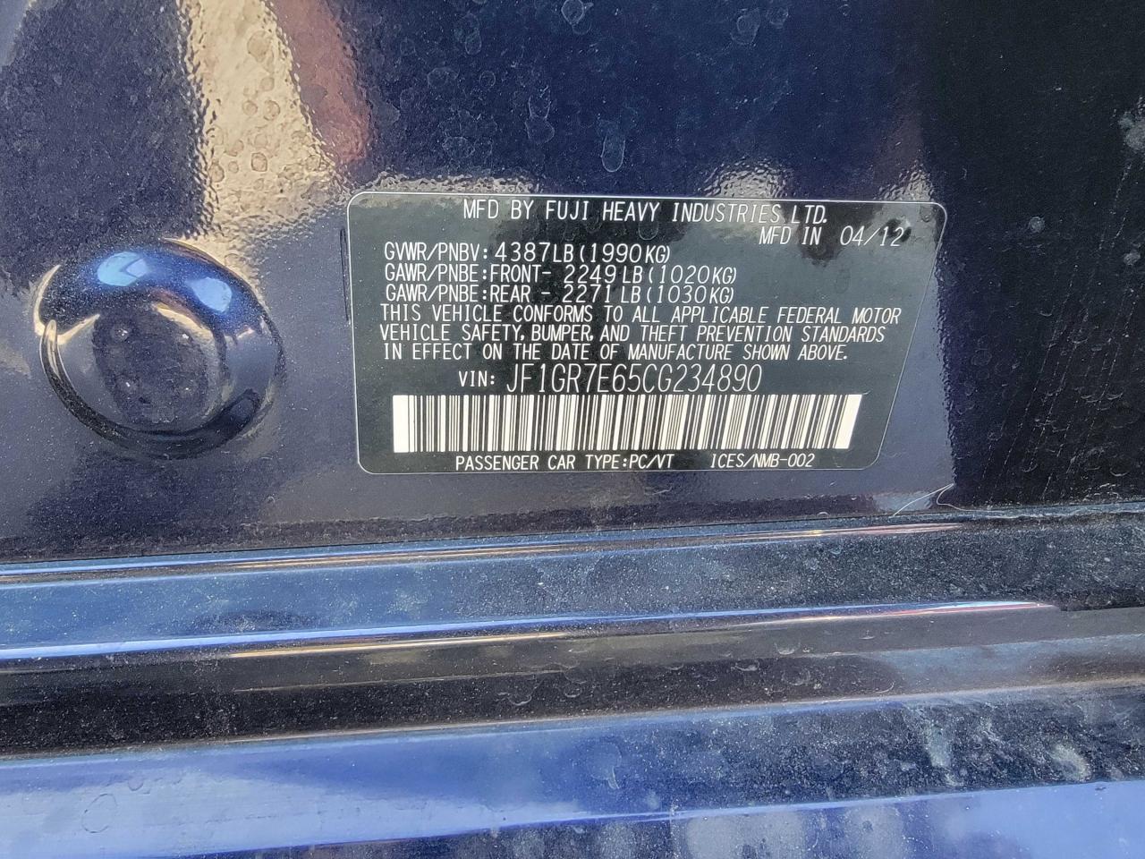 2012 Subaru WRX VIN JF1GR7E65CG234890 Copart auction photo, damage history / normal wear damage thumbnail 10