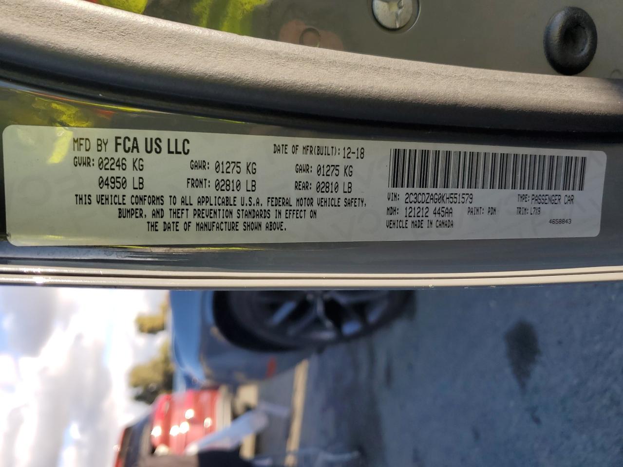 2019 Dodge Challenger VIN 2C3CDZAG0KH551579 Copart auction photo, rear end damage thumbnail 12