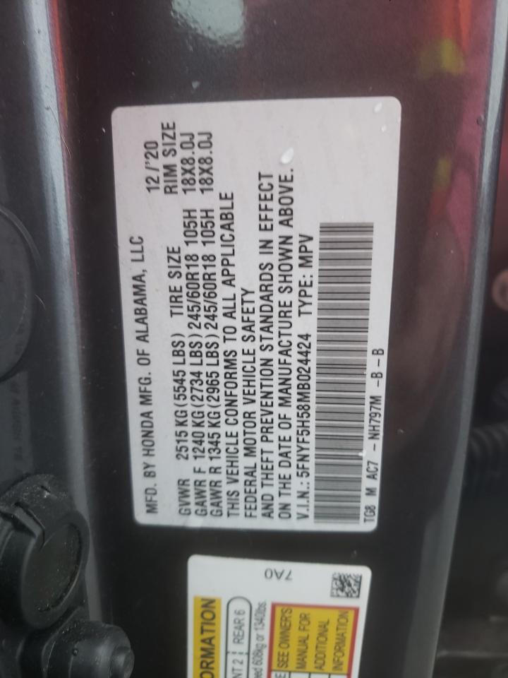 2021 Honda Pilot VIN 5FNYF5H58MB024424 Copart auction photo, front end damage thumbnail 12