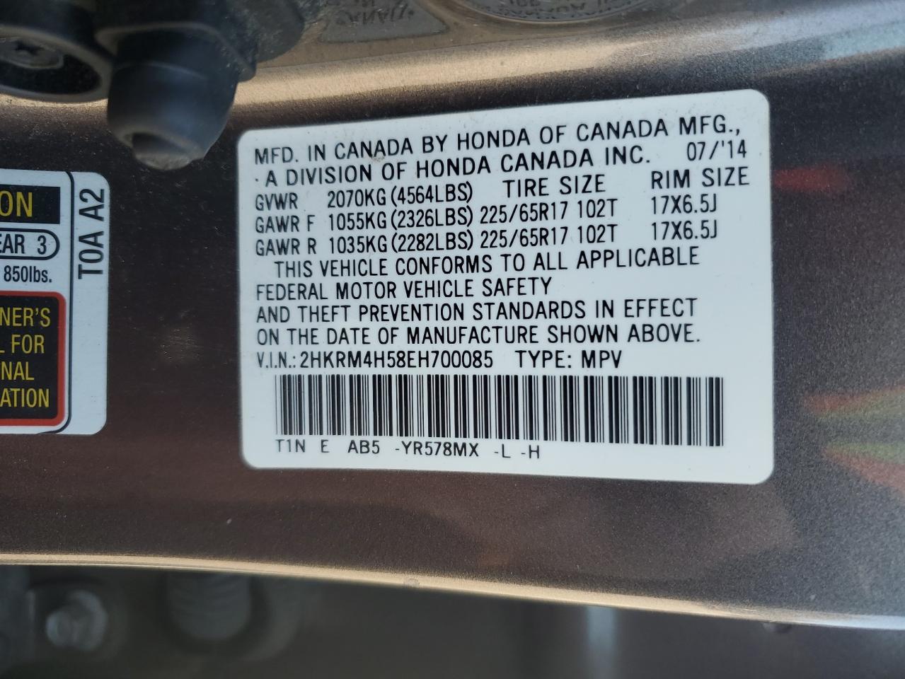 2014 Honda CR-V VIN 2HKRM4H58EH700085 Copart auction photo, rear end / side damage thumbnail 13