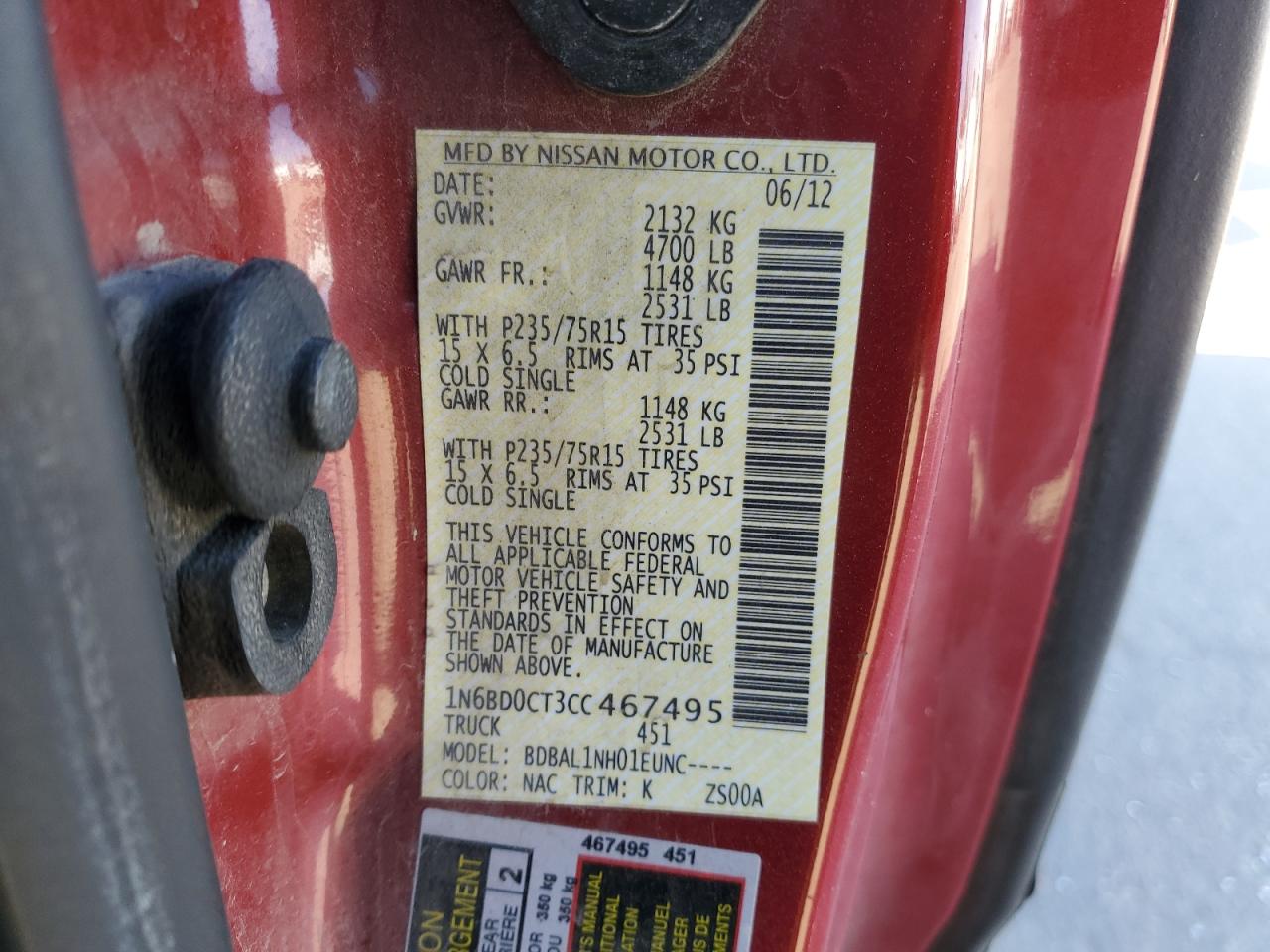 2012 Nissan Navara (Frontier) VIN 1N6BD0CT3CC467495 Copart auction photo, side / undercarriage damage thumbnail 12