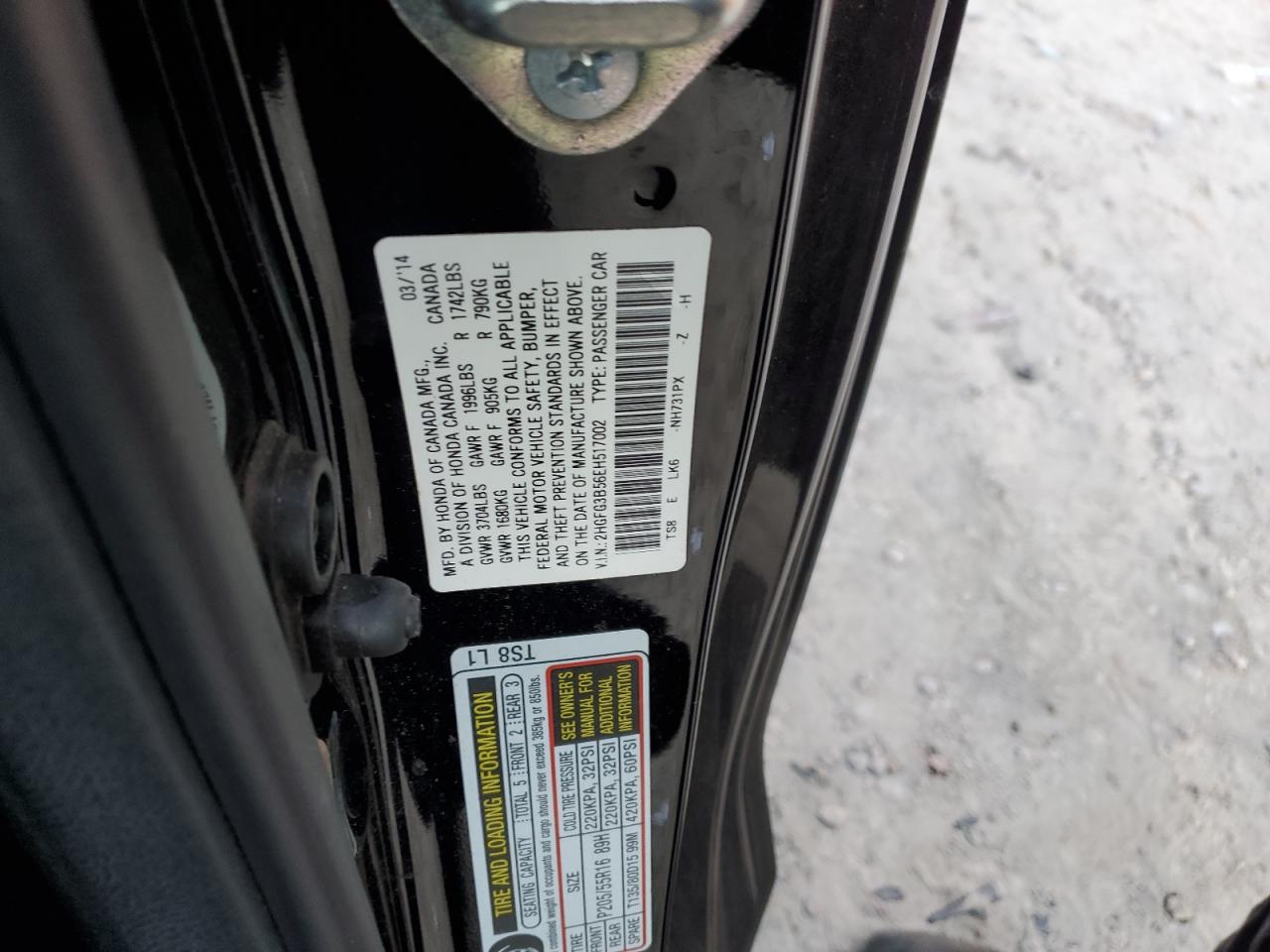 2014 Honda Civic VIN 2HGFG3B56EH517002 Copart auction photo, side damage thumbnail 12