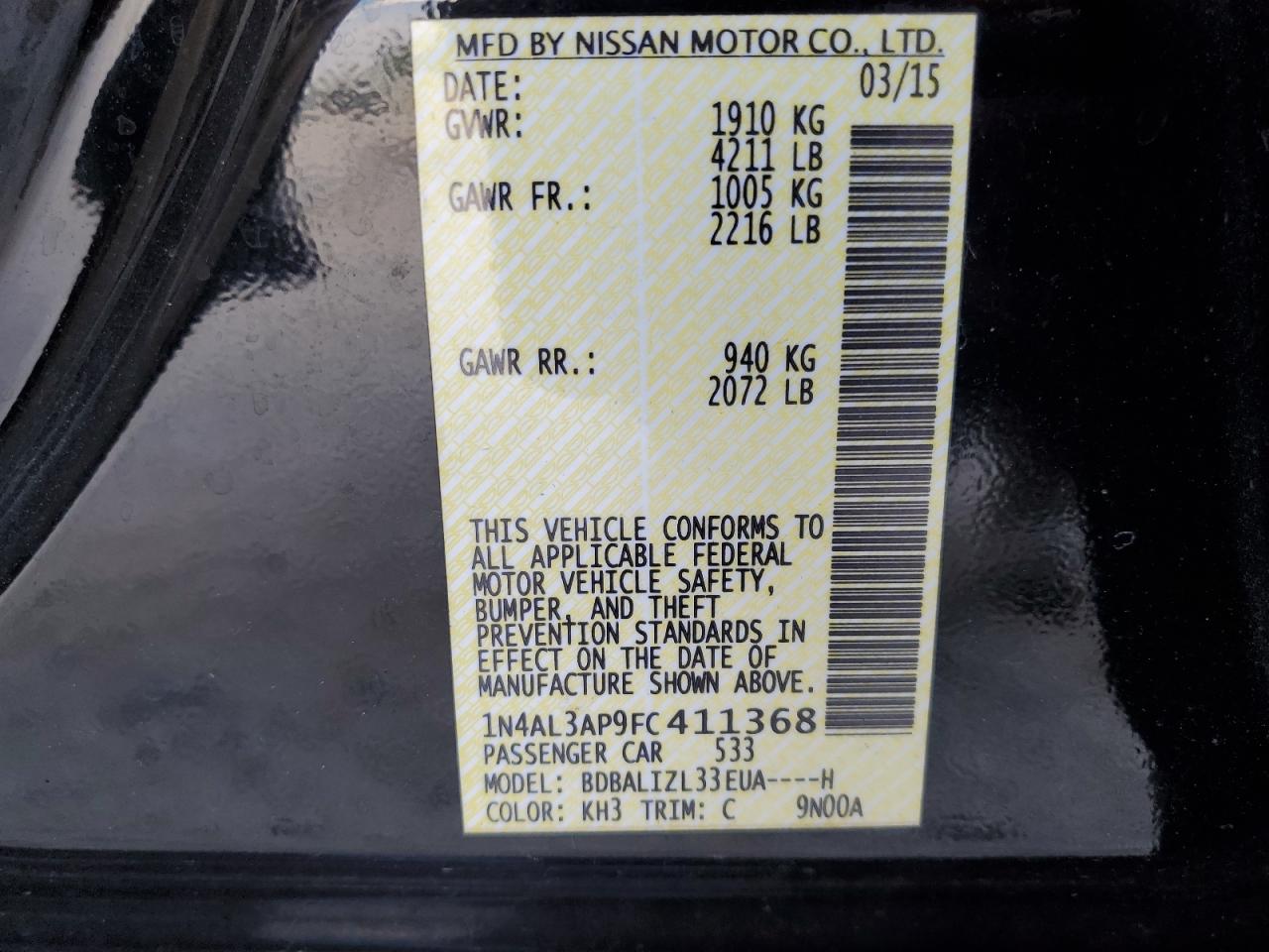 2015 Nissan Altima VIN 1N4AL3AP9FC411368 Copart auction photo, burn - engine / burn - interior damage thumbnail 12