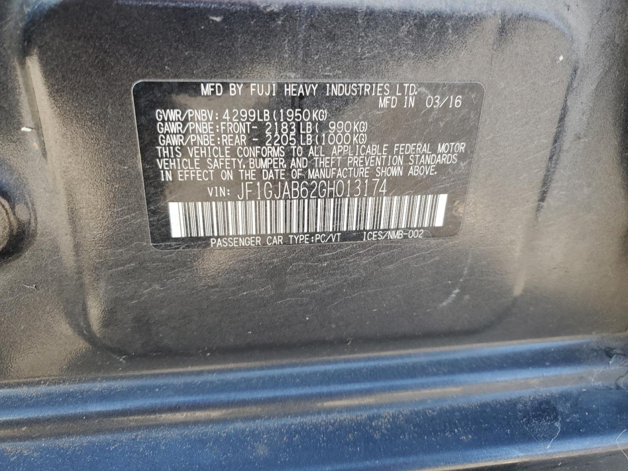 2016 Subaru Impreza VIN JF1GJAB62GH013174 Copart auction photo, all over damage thumbnail 12