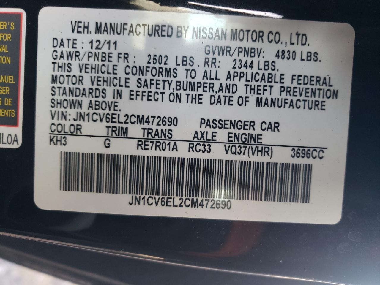 2012 Infiniti G VIN JN1CV6EL2CM472690 Copart auction photo, front end damage thumbnail 13