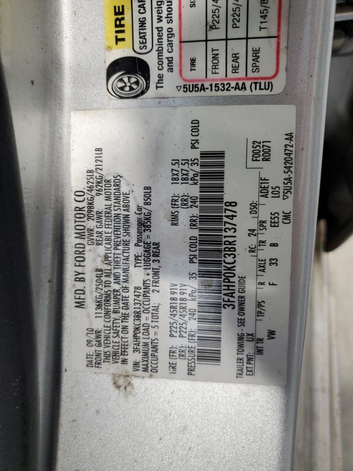 2011 Ford Fusion VIN 3FAHP0KC3BR137478 Copart auction photo, front end / rear end damage thumbnail 14