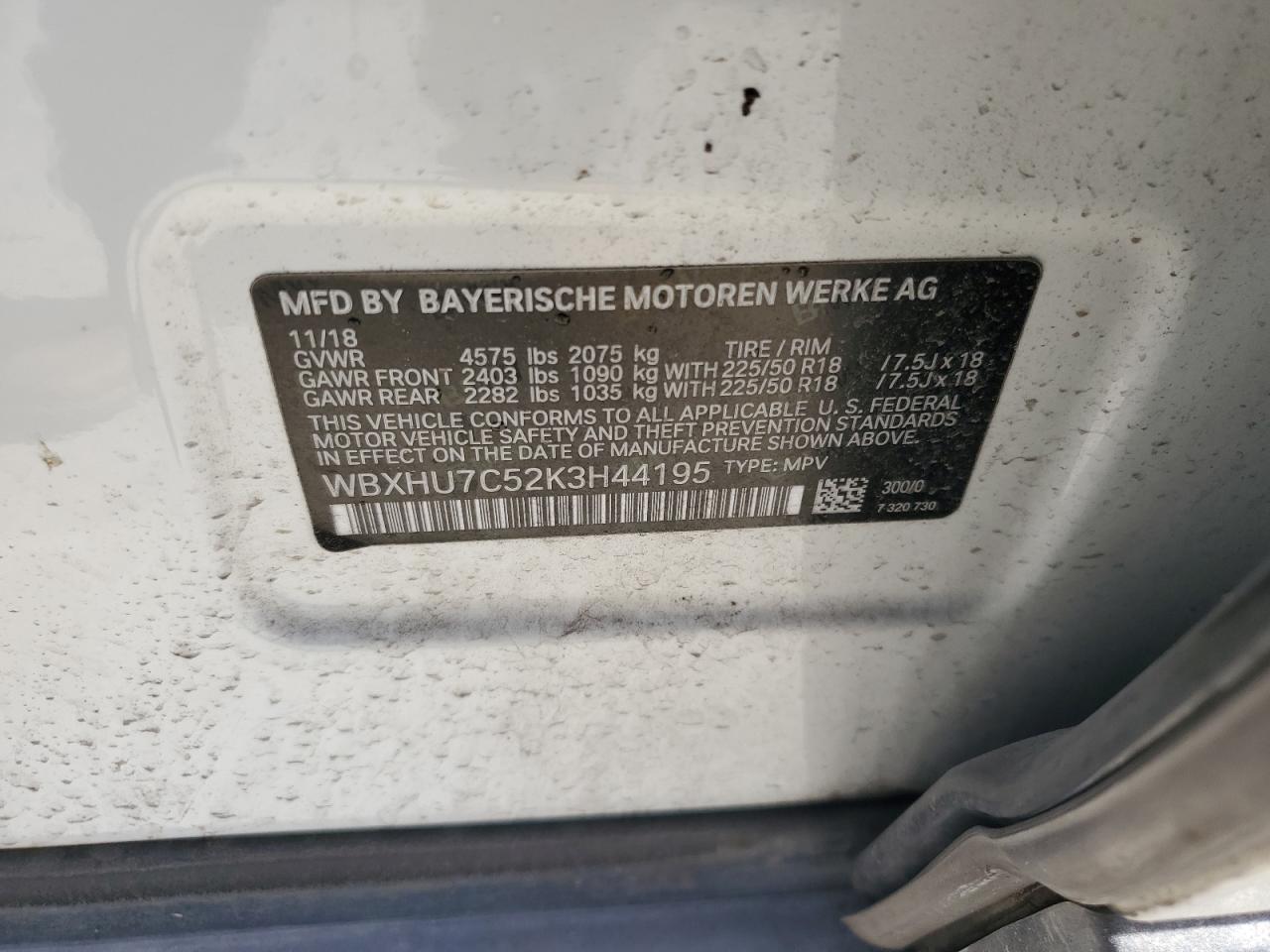 2019 BMW X1 VIN WBXHU7C52K3H44195 Copart auction photo, side / front end damage thumbnail 12
