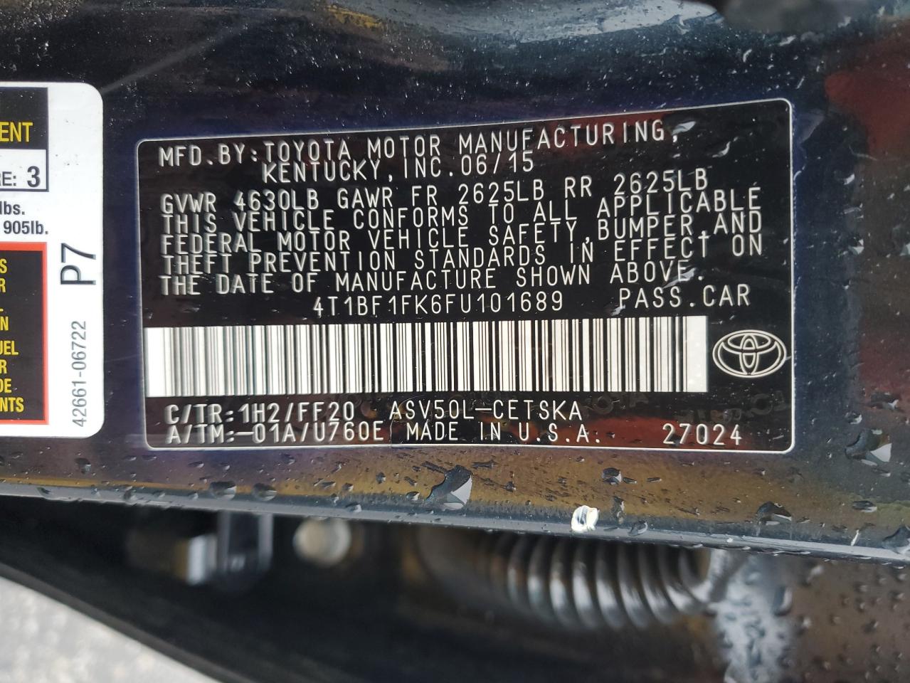 2015 Toyota Camry VIN 4T1BF1FK6FU101689 Copart auction photo, front end / rear end damage thumbnail 14