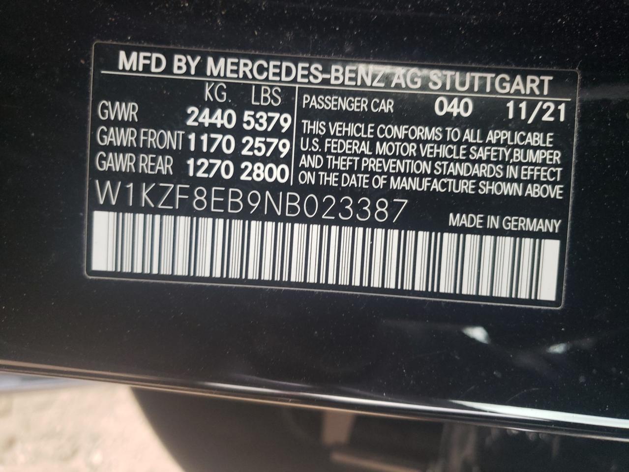 2022 Mercedes-Benz E-klasse VIN W1KZF8EB9NB023387 Copart auction photo, front end damage thumbnail 13