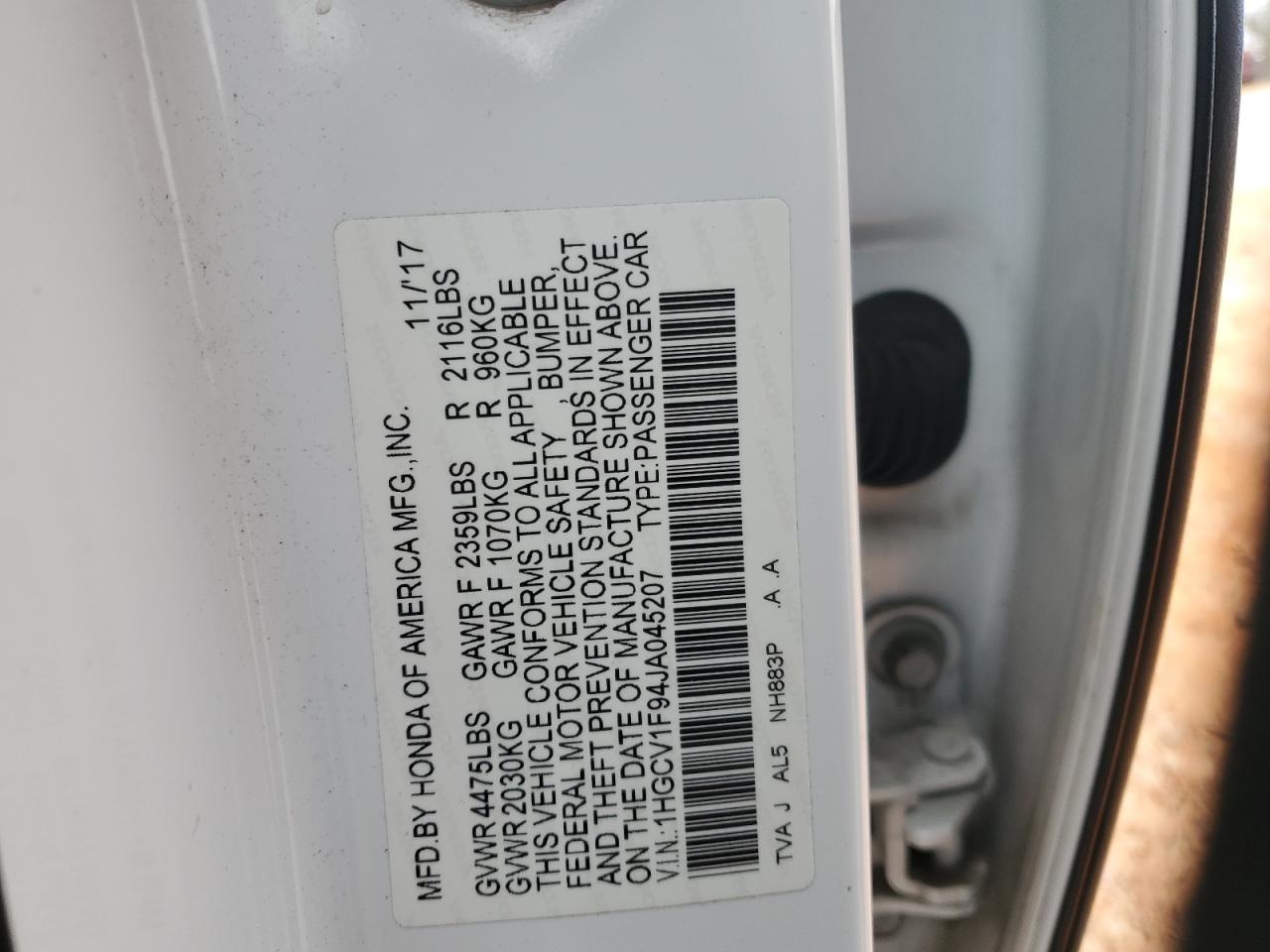 2018 Honda Accord VIN 1HGCV1F94JA045207 Copart auction photo, front end damage thumbnail 14