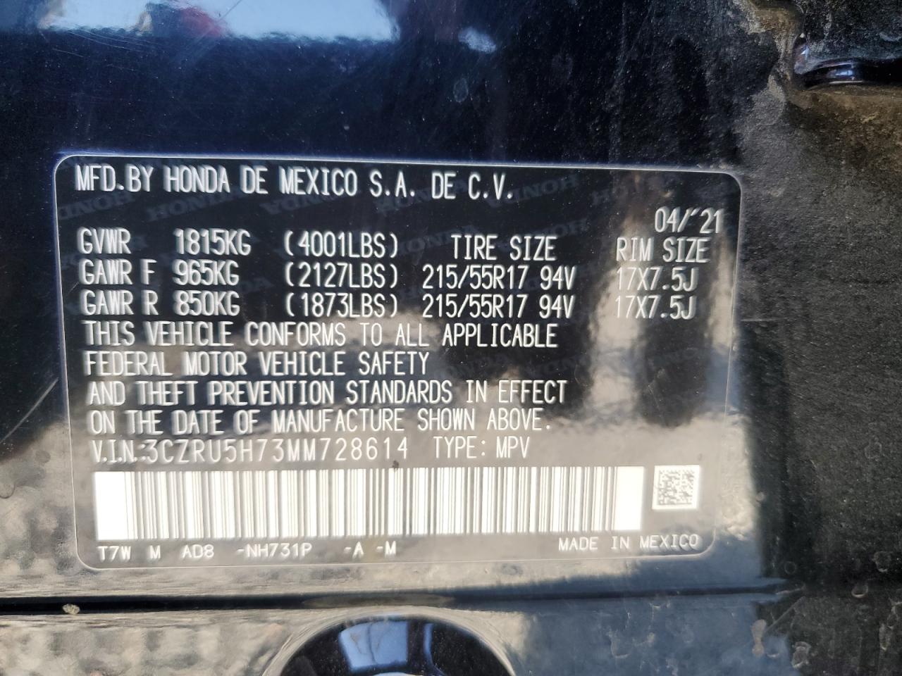 2021 Honda HR-V VIN 3CZRU5H73MM728614 Copart auction photo, side damage thumbnail 14