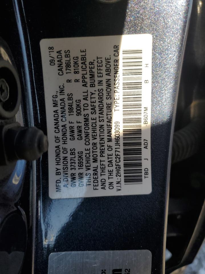 2018 Honda Civic VIN 2HGFC2F71JH603099 Copart auction photo, rear end damage thumbnail 12