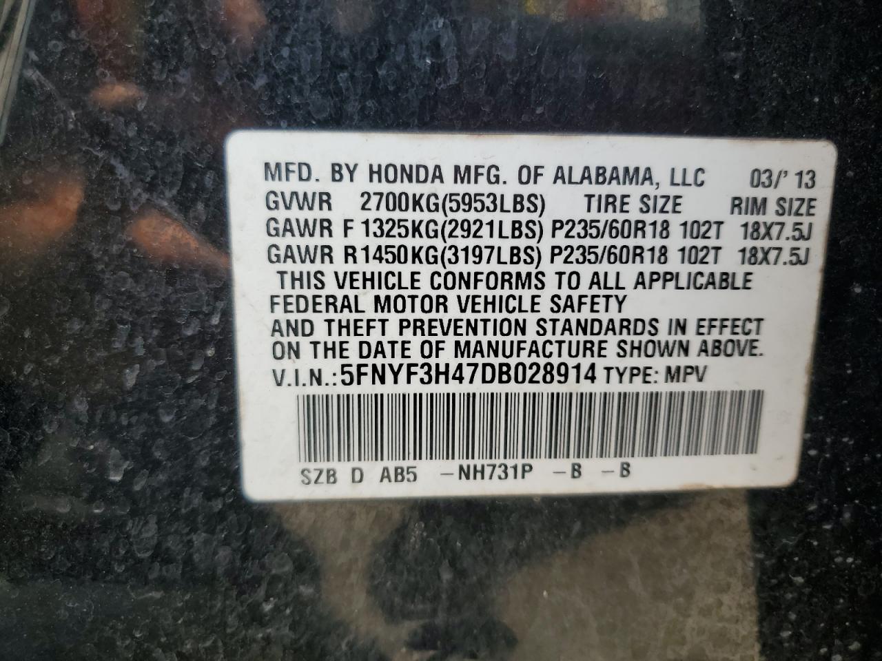 2013 Honda Pilot VIN 5FNYF3H47DB028914 Copart auction photo, front end / undercarriage damage thumbnail 13