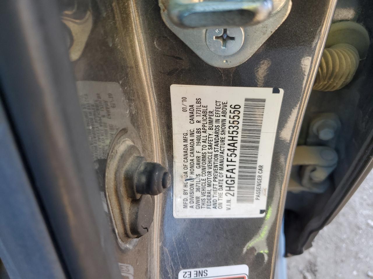 2010 Honda Civic VIN 2HGFA1F54AH535556 Copart auction photo, front end / rear end damage thumbnail 12