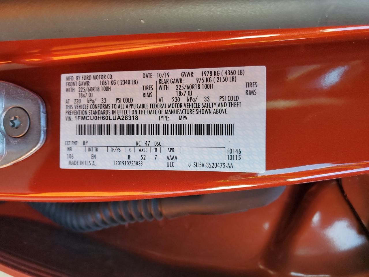 2020 Ford Escape VIN 1FMCU0H60LUA28318 Copart auction photo, front end / side damage thumbnail 13