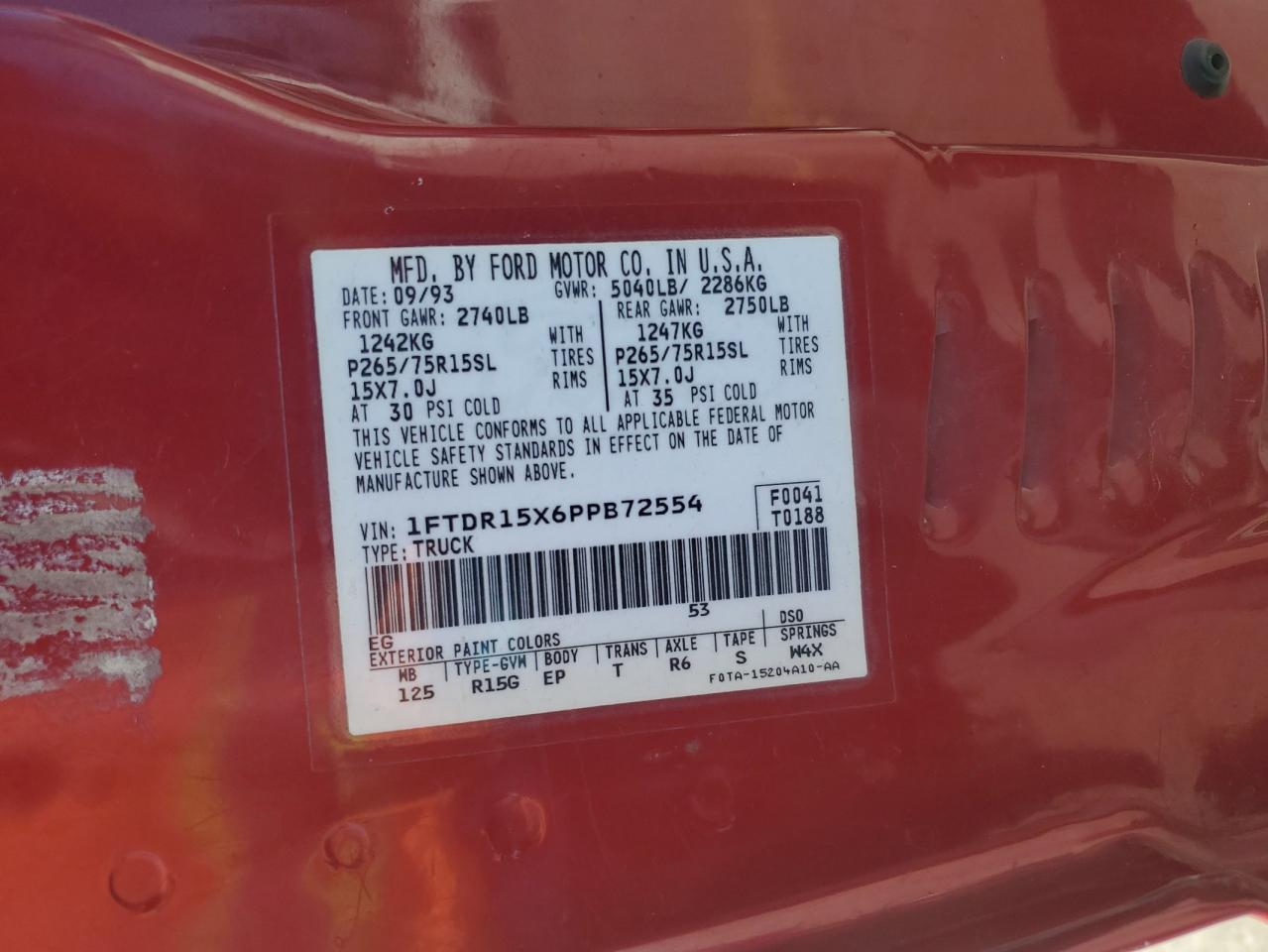 1993 Ford Ranger VIN 1FTDR15X6PPB72554 Copart auction photo, rear end damage thumbnail 13