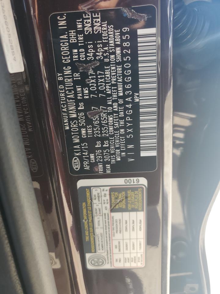 2016 KIA Sorento VIN 5XYPG4A36GG052859 Copart auction photo, front end damage thumbnail 13