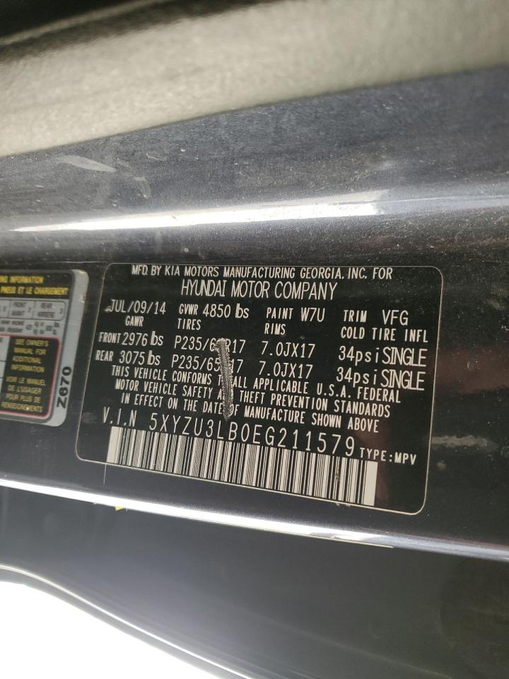 2014 Hyundai Santa Fe VIN 5XYZU3LB0EG211579 Copart auction photo, front end / side damage thumbnail 13
