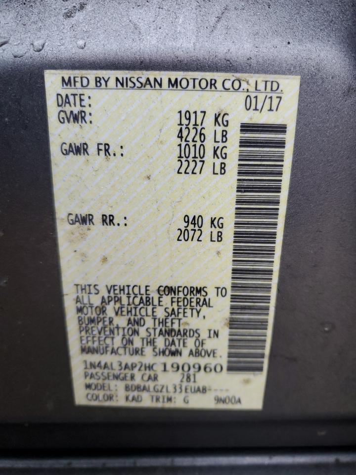 2017 Nissan Altima VIN 1N4AL3AP2HC190960 Copart auction photo, front end / minor dent/scratches damage thumbnail 14