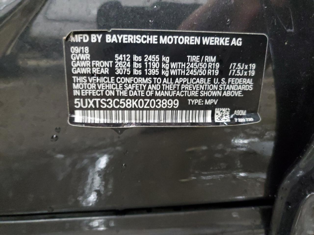 2019 BMW X3 VIN 5UXTS3C58K0Z03899 Copart auction photo, all over / undercarriage damage thumbnail 14
