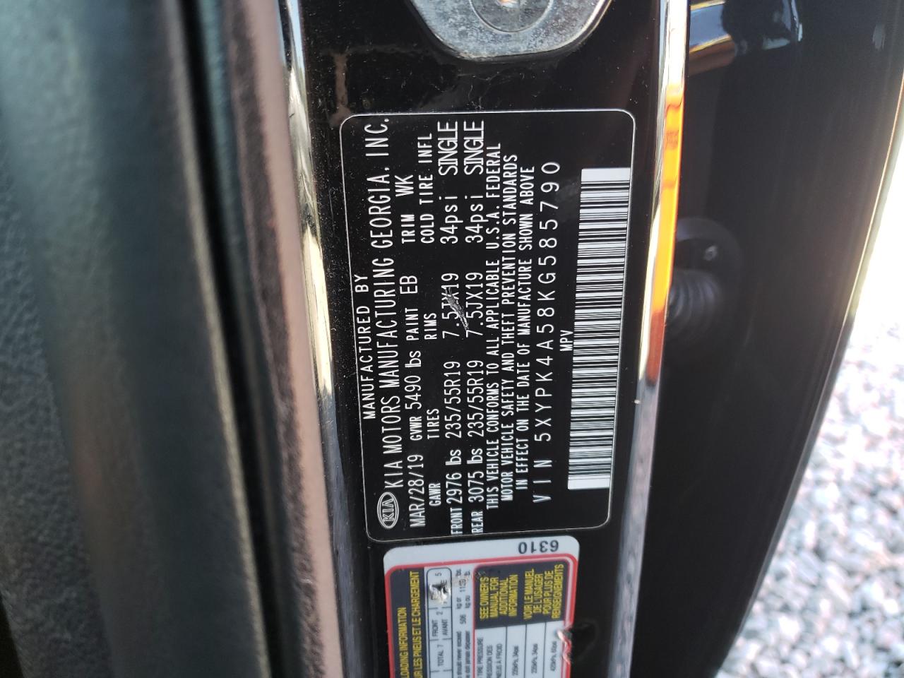 2019 KIA Sorento VIN 5XYPK4A58KG585790 Copart auction photo, front end / side damage thumbnail 13