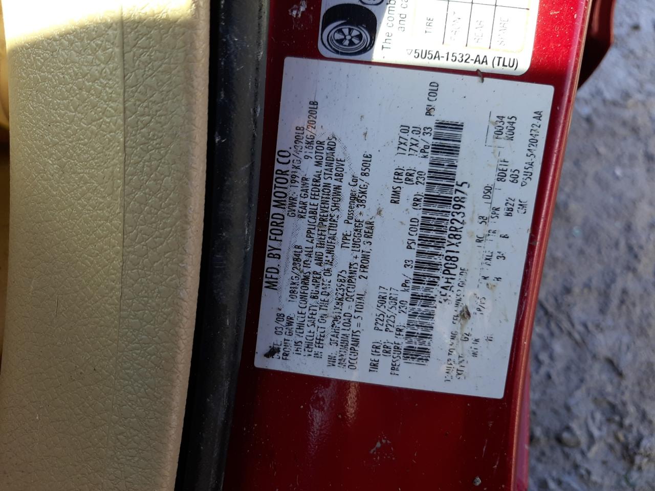 2008 Ford Fusion VIN 3FAHP081X8R239875 Copart auction photo, side damage thumbnail 14