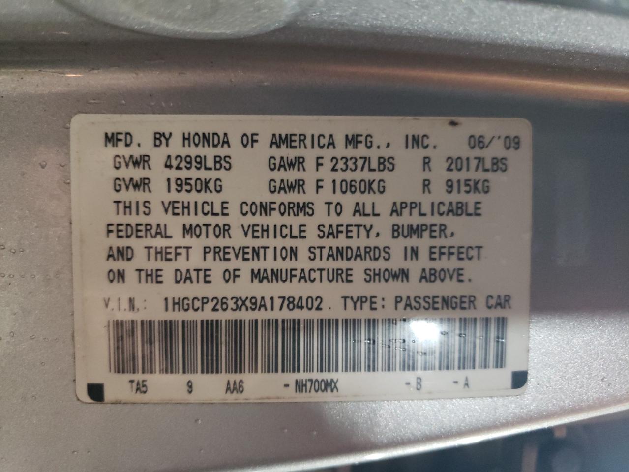 2009 Honda Accord VIN 1HGCP263X9A178402 Copart auction photo, front end / side damage thumbnail 14