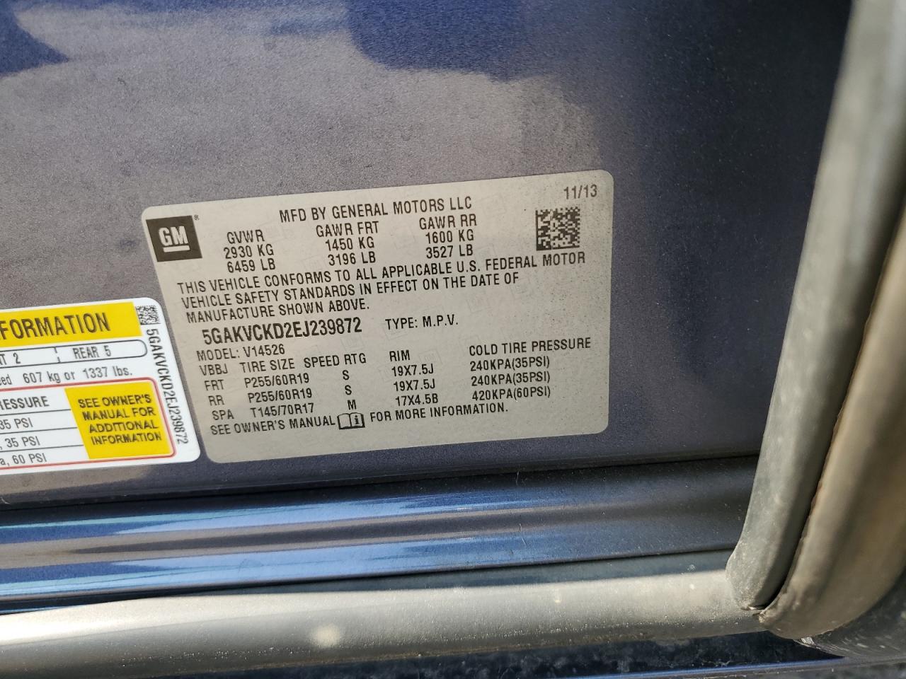 2014 Buick Enclave VIN 5GAKVCKD2EJ239872 Copart auction photo, front end damage thumbnail 13