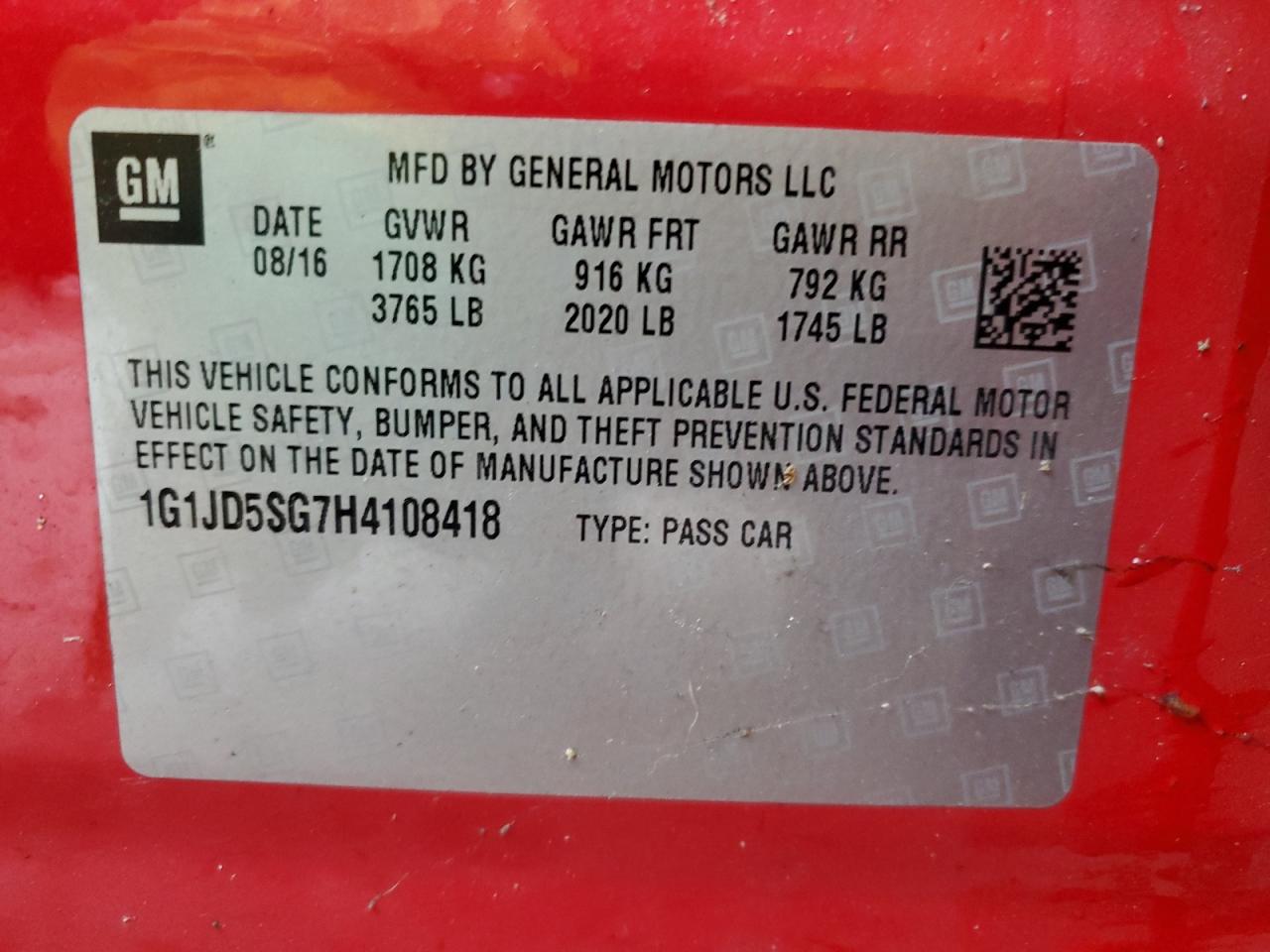 2017 Chevrolet Sonic VIN 1G1JD5SG7H4108418 Copart auction photo, front end damage thumbnail 13
