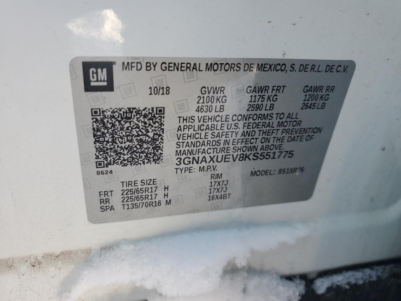 2019 Chevrolet Equinox VIN 3GNAXUEV8KS551775 Copart auction photo, front end damage thumbnail 13