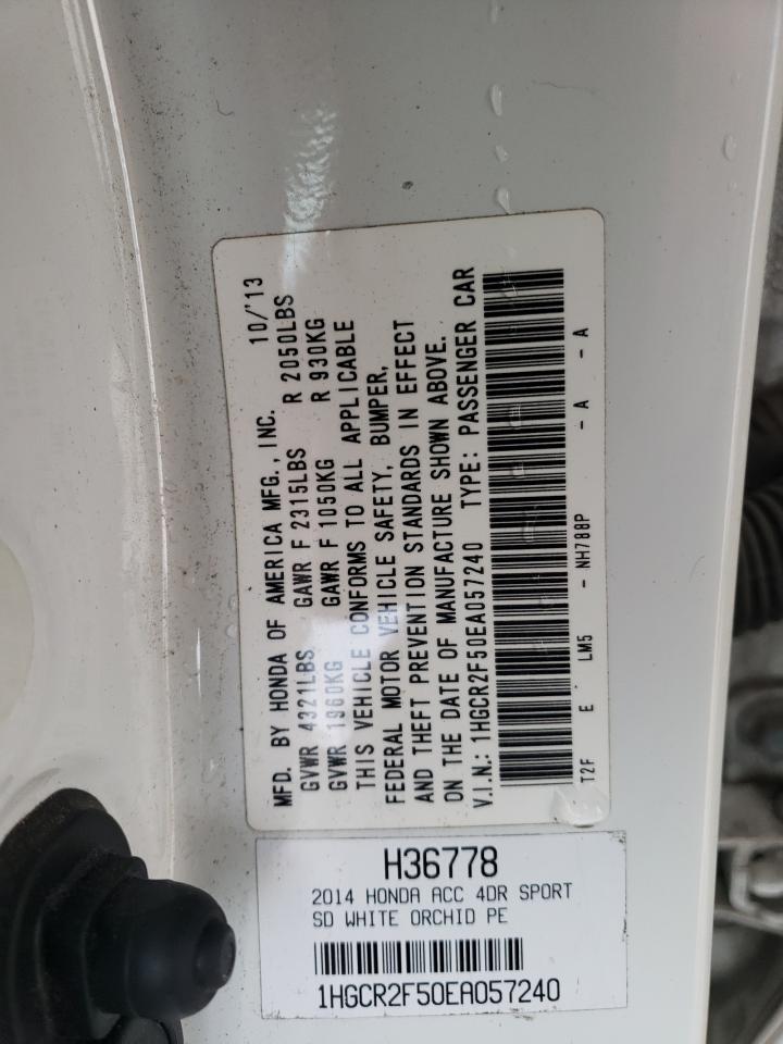 2014 Honda Accord VIN 1HGCR2F50EA057240 Copart auction photo, front end / all over damage thumbnail 12